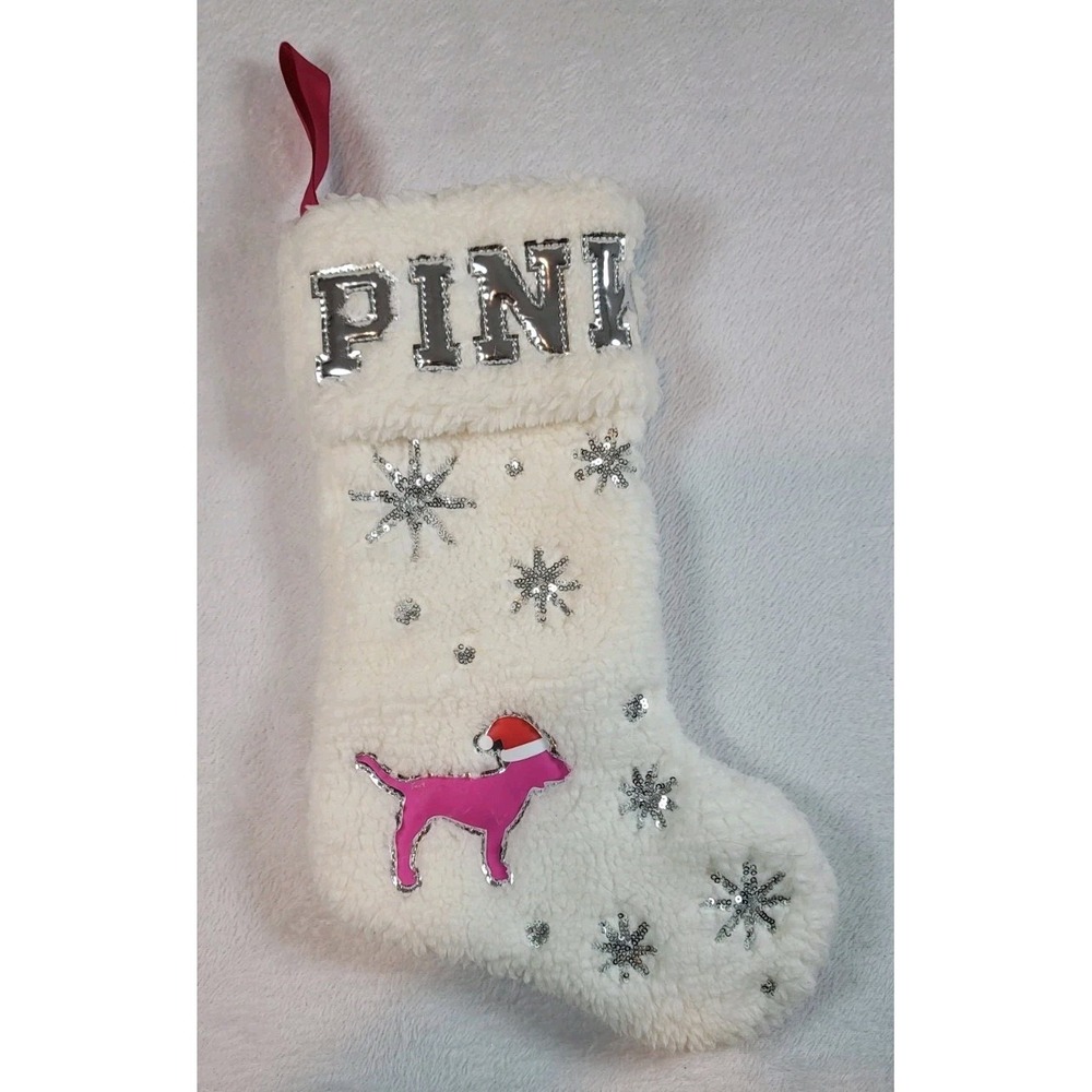 Victoria‎ Secrets PINK White Fleece Sequins Dog Christmas Stocking Pet
